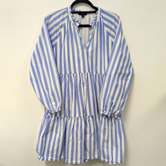 J. Crew Striped Blue/White Tiered Popover Cotton Dress sz M Preppy Minimalist - Picture 2 of 12